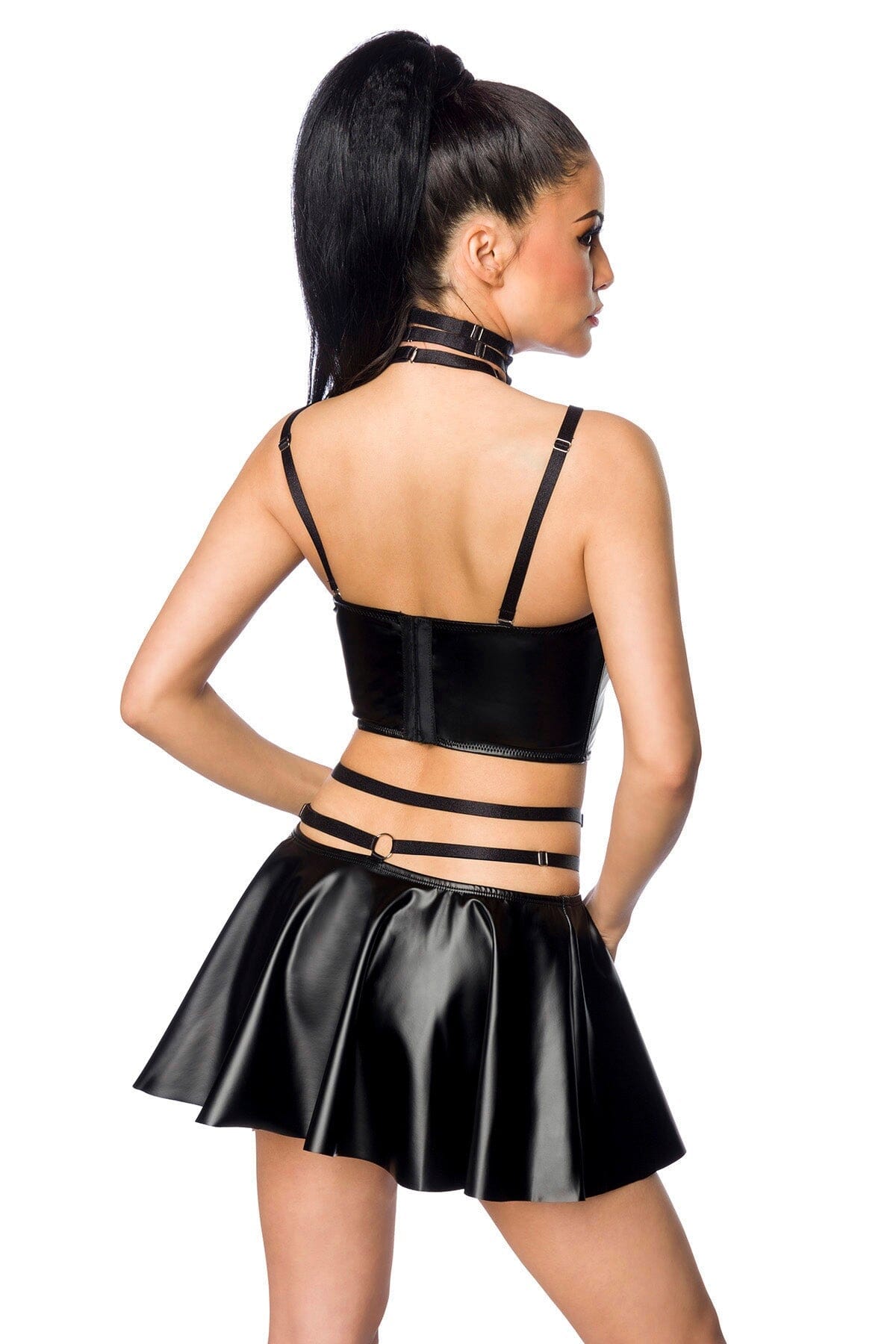 Fashionable Multi-Strap Wetlook Women's Crop Top and Flared Mini Skirt Outfit Set