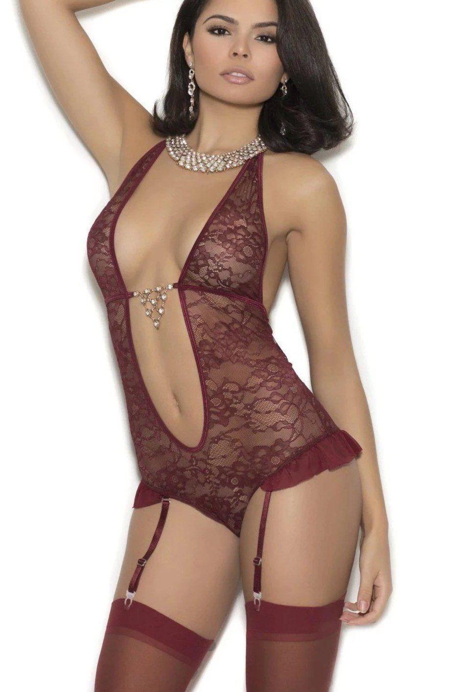 Elegant Lace Halter Teddy with Ultra-Deep V Neck and Detachable Garters