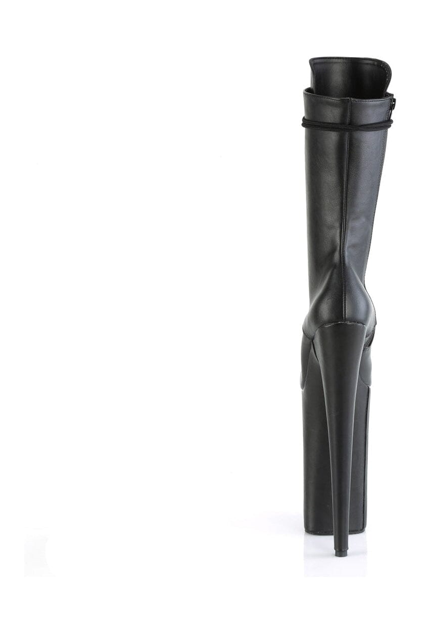 BEYOND-1050WR Stylish Black Faux Leather Mid Calf Knee-High Lace-Up Boots