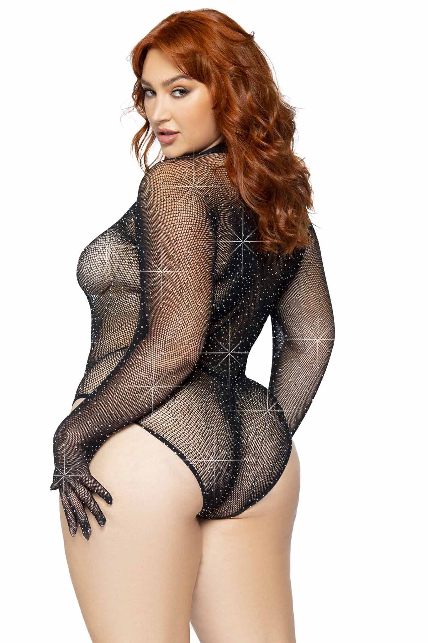 Plus Size Gloved Rhinestone Fishnet Bodysuit with Snapped Crotch for Fashion Enthusiasts