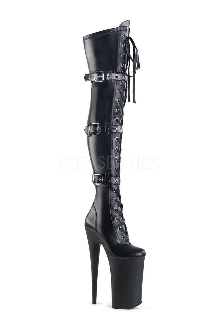 BEYOND-3028 Black Faux Leather Stretch Thigh High Platform Boots