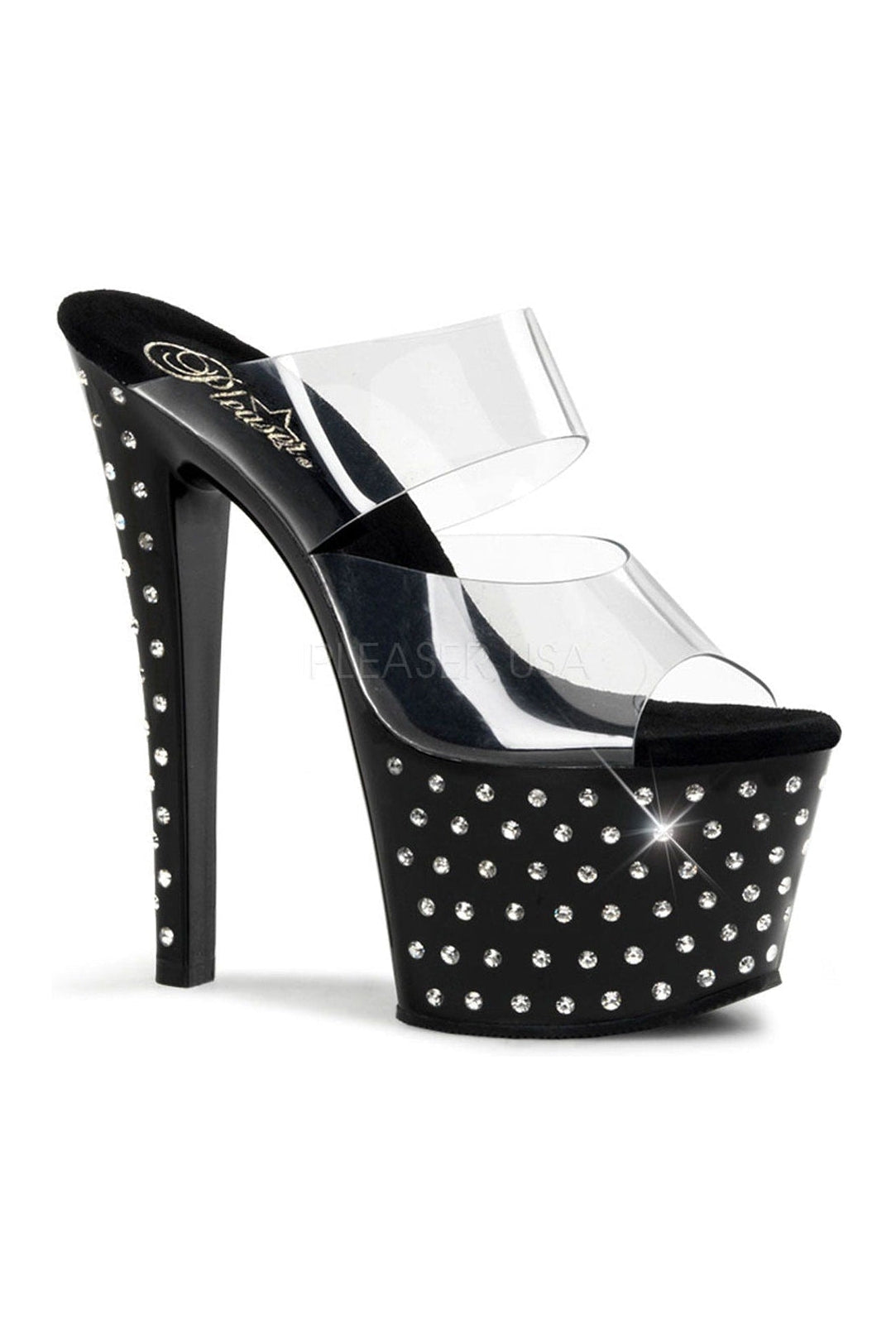 STARDUST-702 Black Vinyl Platform Slide Sandals with Rhinestone Studded Design