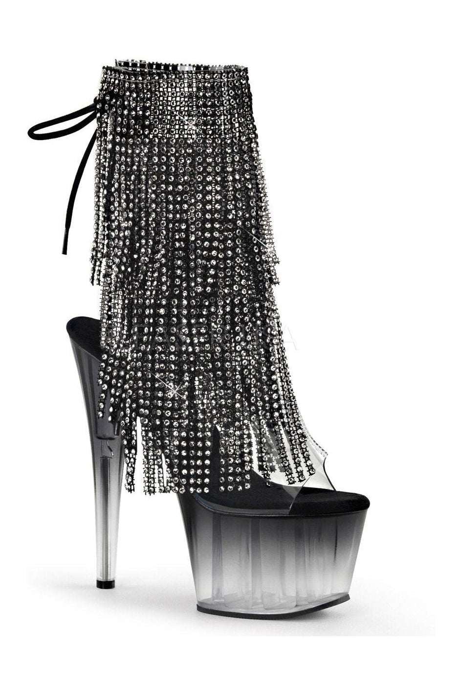Black Vinyl ADORE-1017RSFT Open-Toe Platform Boot with Rhinestone Fringe