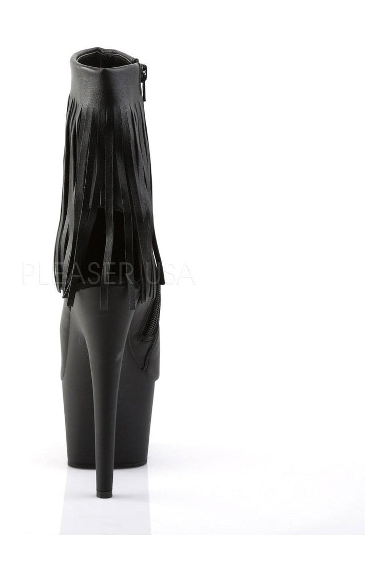 ADORE-1019 Black Faux Leather Open Toe Fringe Ankle Platform Boots with Stiletto Heel