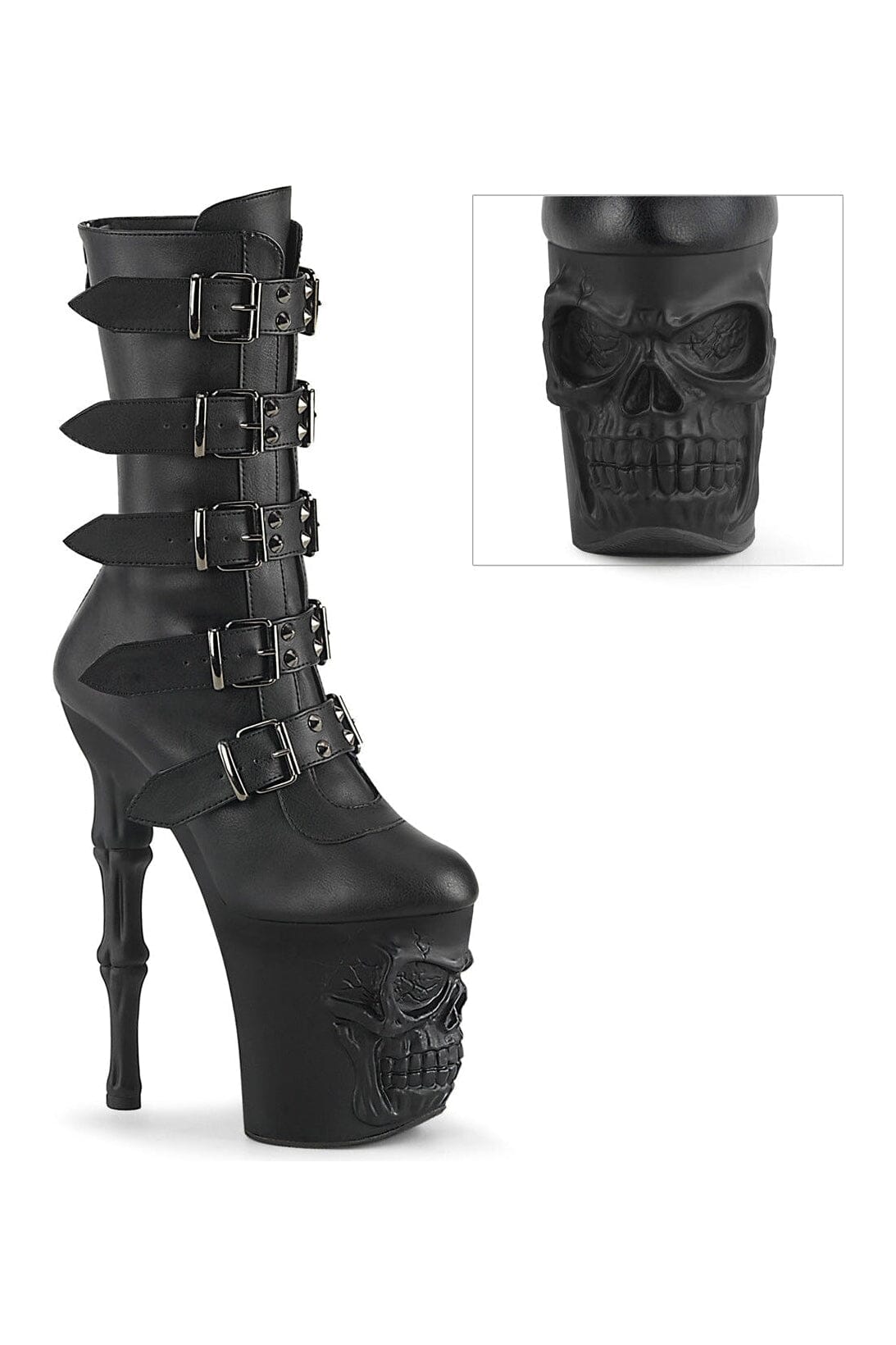 Pleaser's RAPTURE-1052BK Black Faux Leather Mid Calf Knee Boot with Unique Design