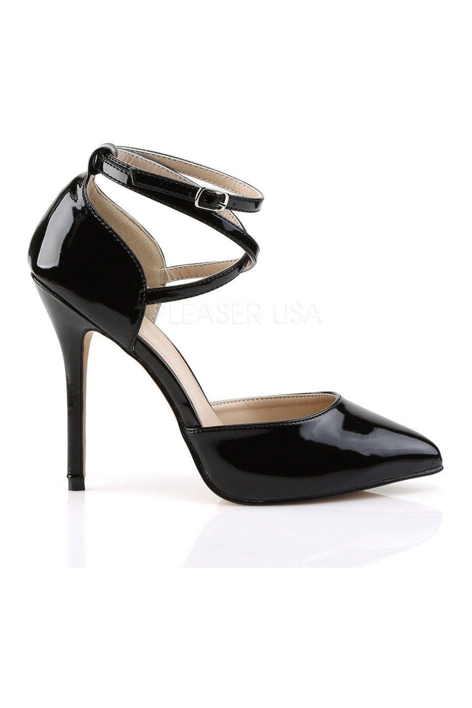 AMUSE-25 Black Patent Leather D'Orsay Ankle Strap Pumps with Pointed Toe and Hidden Platform