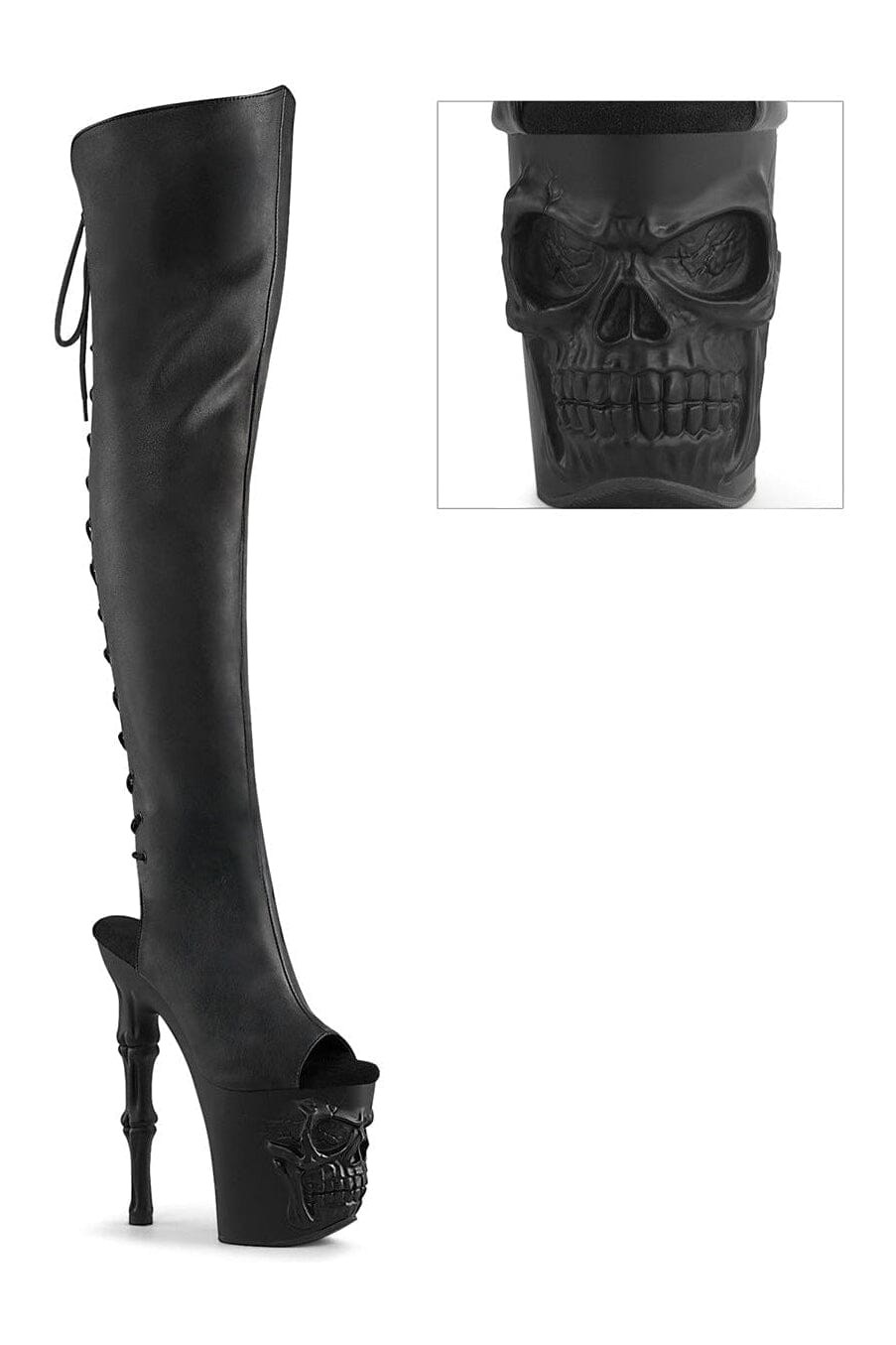 Pleaser RAPTURE-3019 Black Faux Leather Over-the-Knee Boot with Skull Platform
