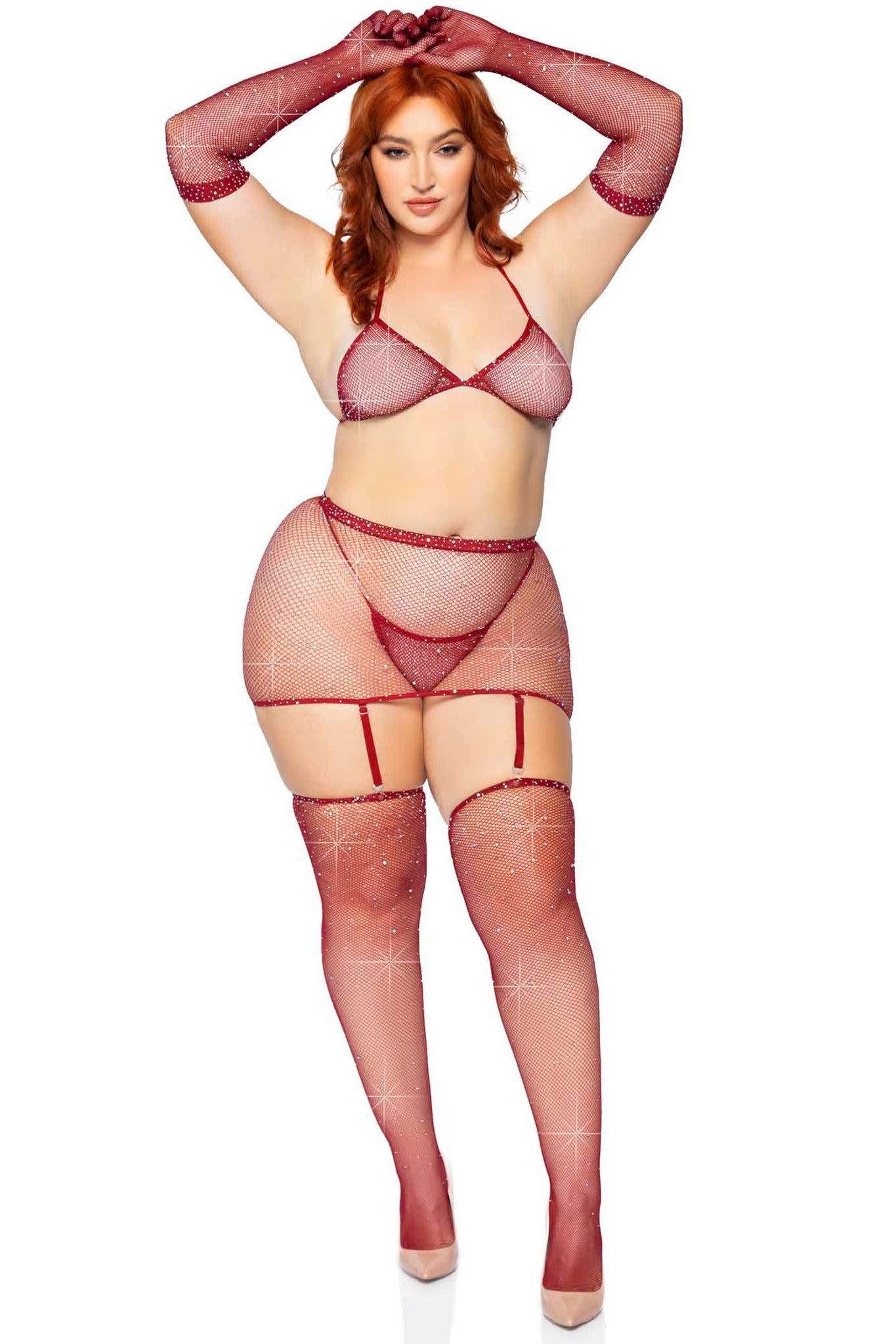 Plus Size Fashionable Rhinestone-Embellished Fishnet Garter Skirt Set with Bikini Top and Fashion Accessories