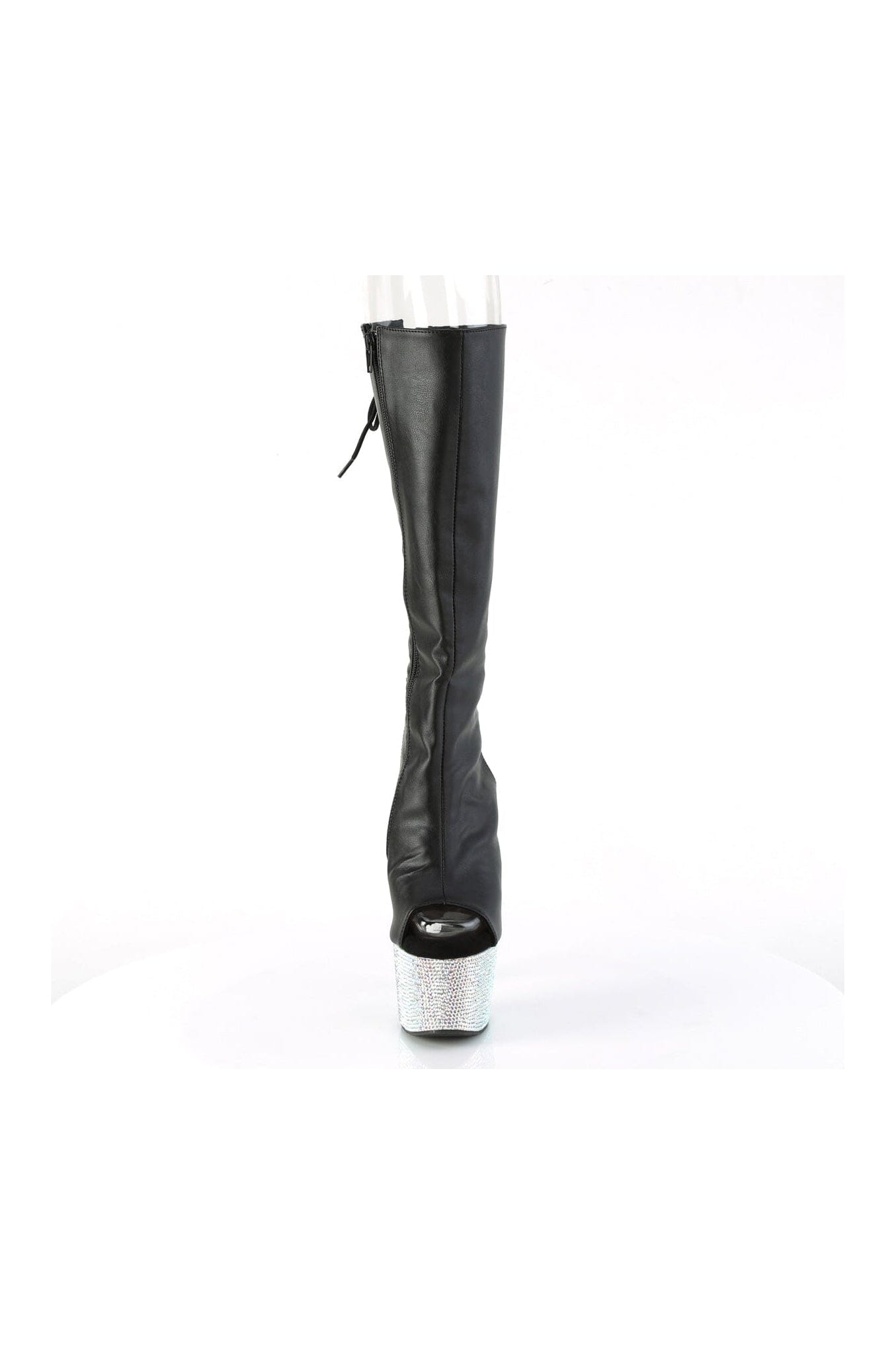 2018 Black Faux Leather Rhinestone Knee - High Open - Toe Boots with Side Zipper