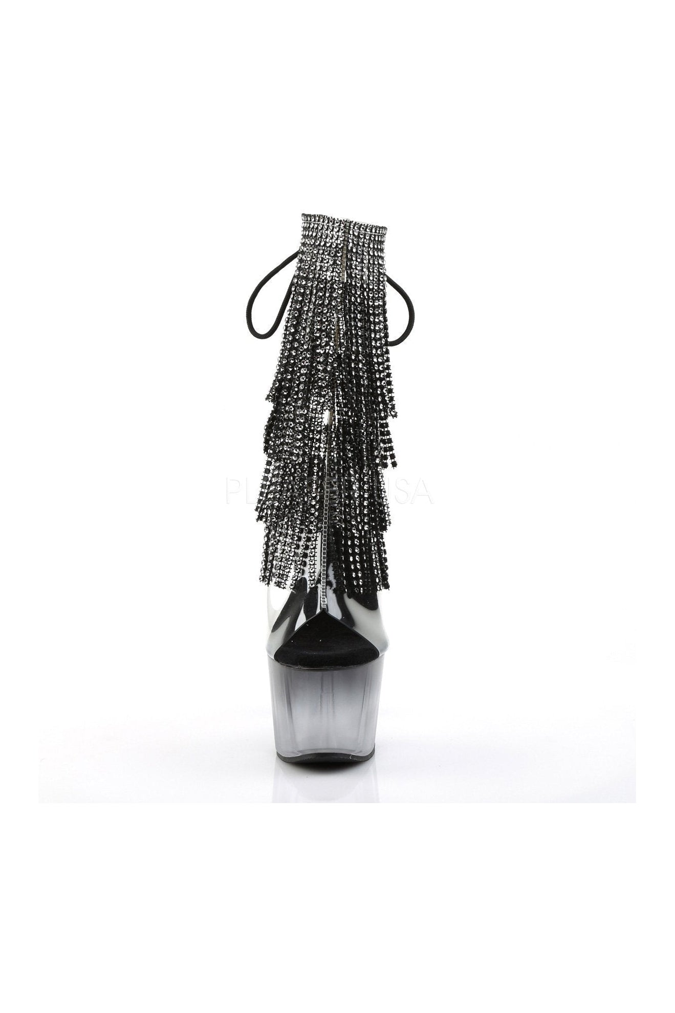 Black Vinyl ADORE-1017RSFT Open-Toe Platform Boot with Rhinestone Fringe