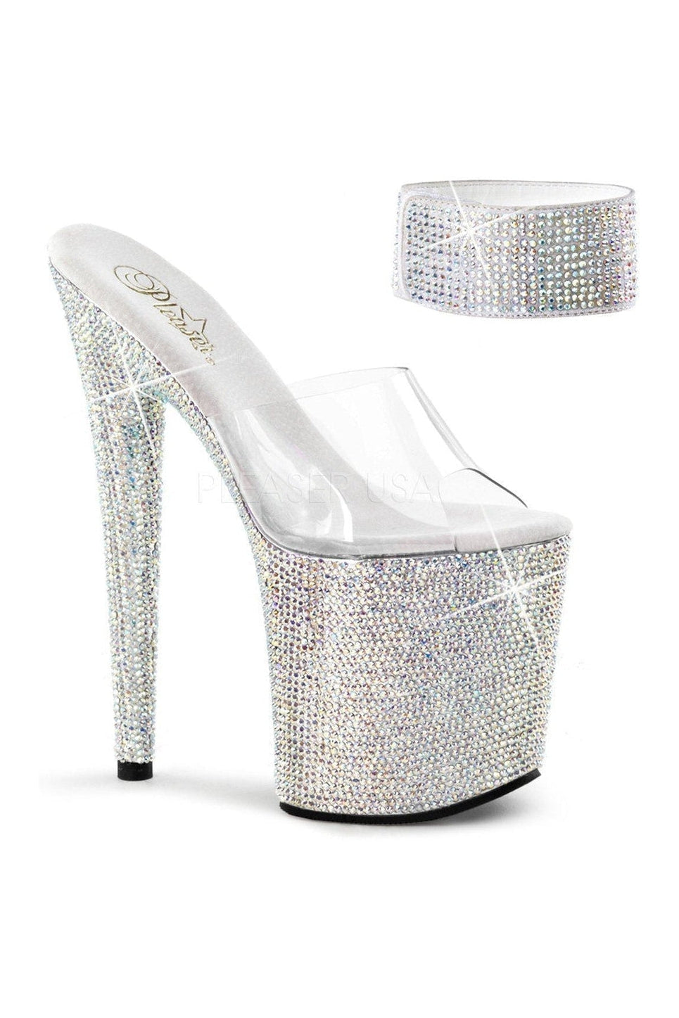 BEJEWELED-812RS Clear Vinyl Platform Slide with Sparkling Rhinestones