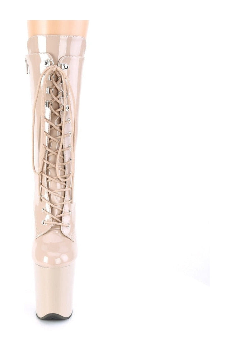 Pleaser's Nude Patent FLAMINGO - 1050 Exotic Lace - Up Glitter Ankle Boot