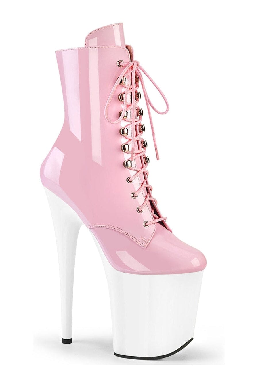 Pleaser FLAMINGO-1020 Pink Patent Lace-Up Ankle Boots with Side Zipper