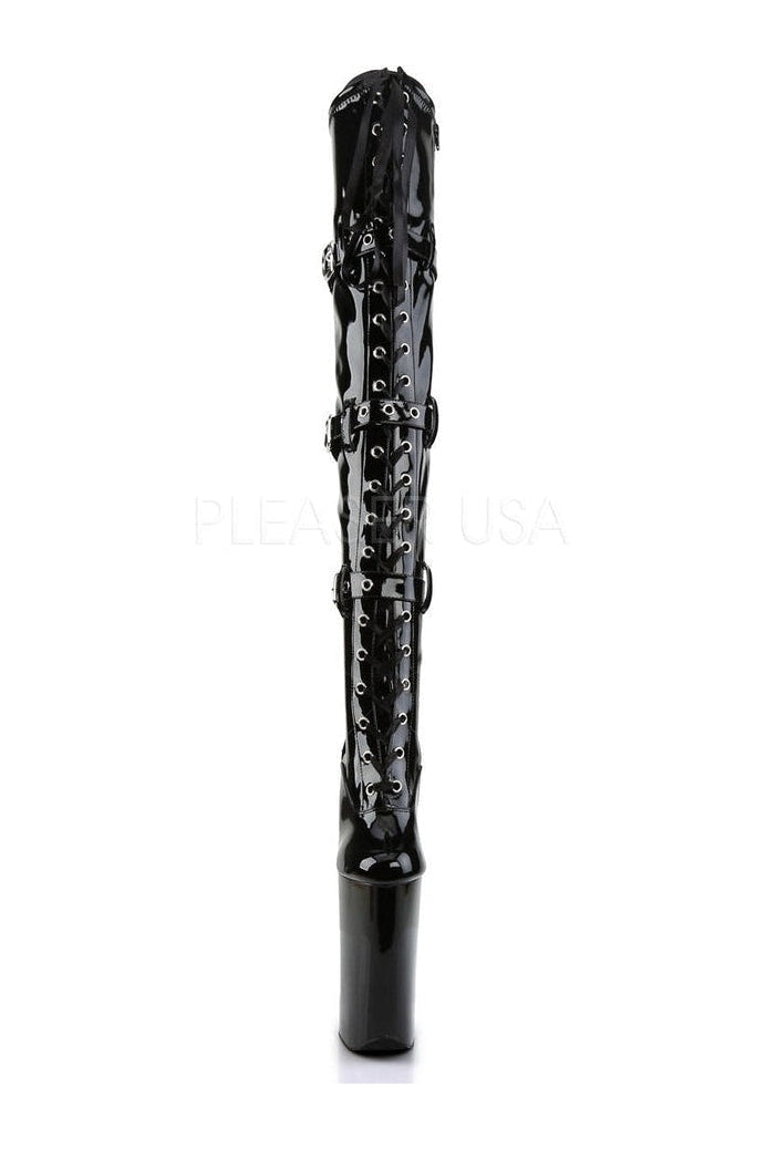 BEYOND-3028 Black Patent Leather Platform Thigh High Lace - Up Boots with Straps and Belt Buckle Detail