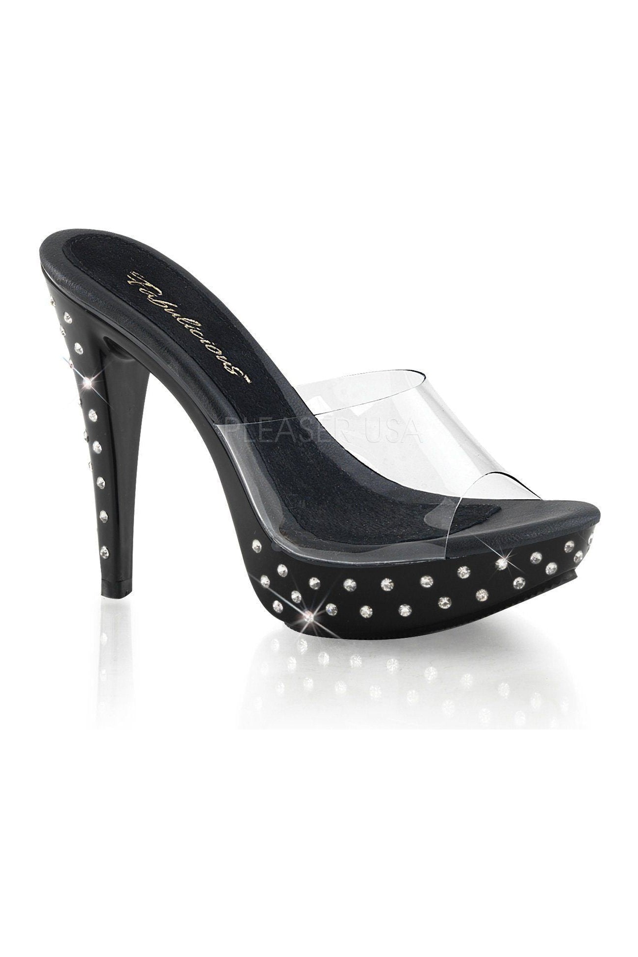 Black Vinyl COCKTAIL-501SDT Platform Slide with Rhinestones