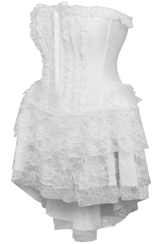 Elegant White Lace Strapless Victorian Corset Dress with Steel Boning
