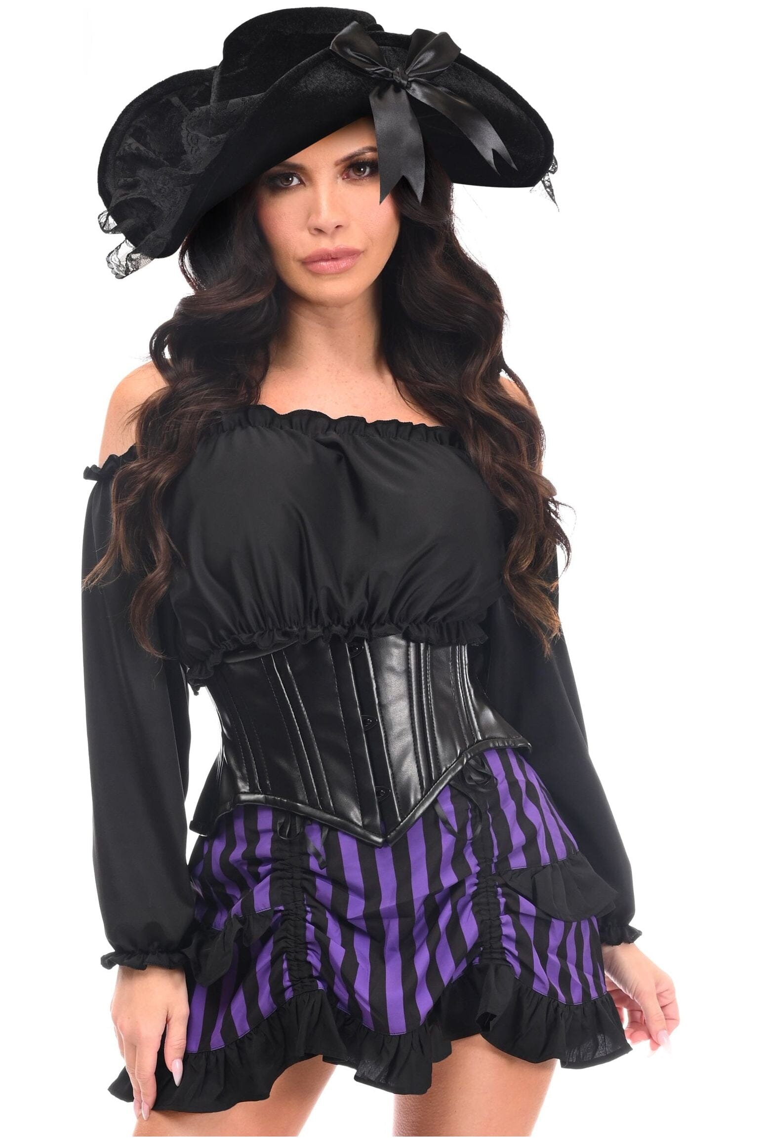 High - Quality Four - Piece Premium Pirate Corset Costume with Black and Purple Stripes for Top - Drawer Use