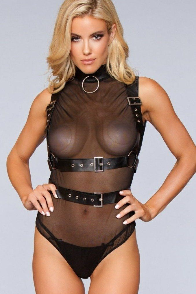 Stylish Sheer Bodysuit with Fashionable Harness and Pin Buckle Fastenings
