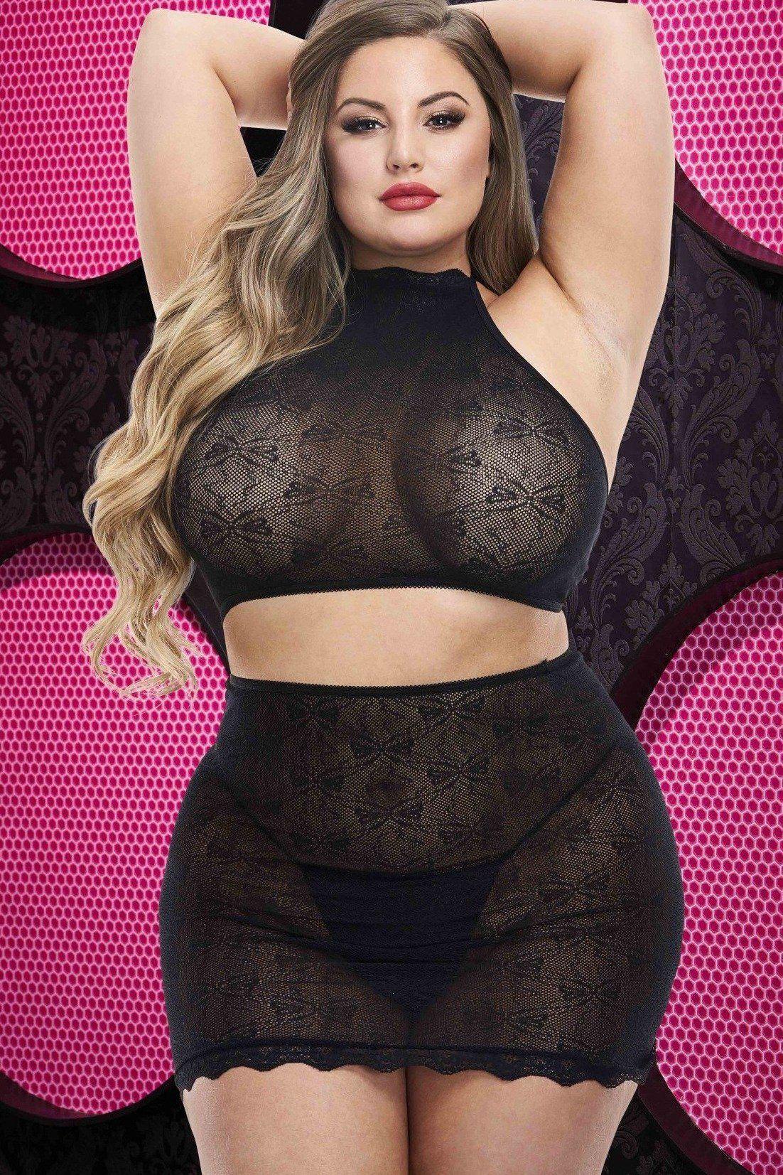 Plus Size Jacquard Crop Top and Matching Skirt Ensemble