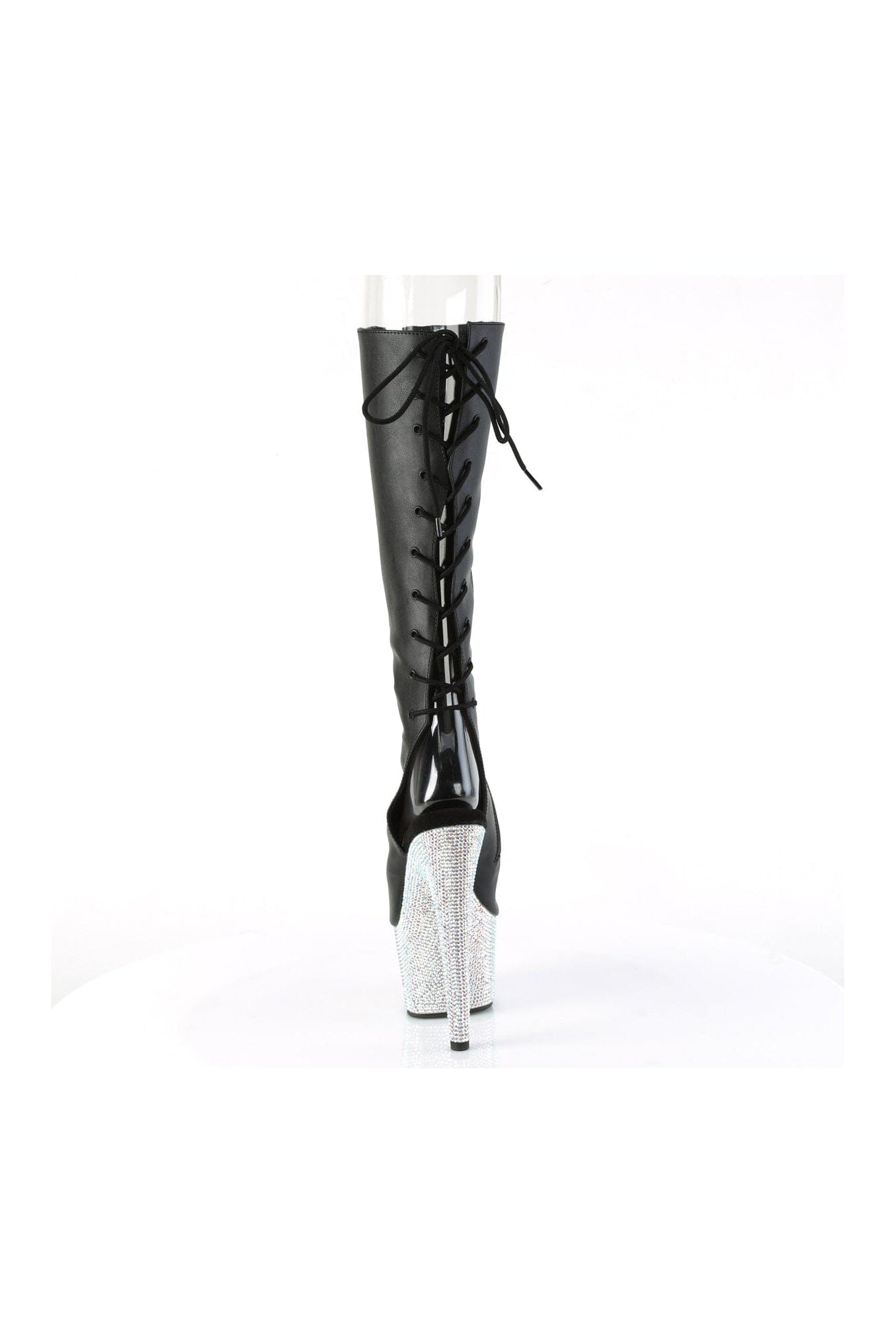 2018 Black Faux Leather Rhinestone Knee - High Open - Toe Boots with Side Zipper