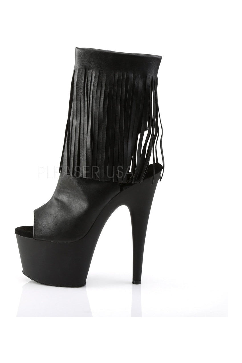 ADORE-1019 Black Faux Leather Open Toe Fringe Ankle Platform Boots with Stiletto Heel
